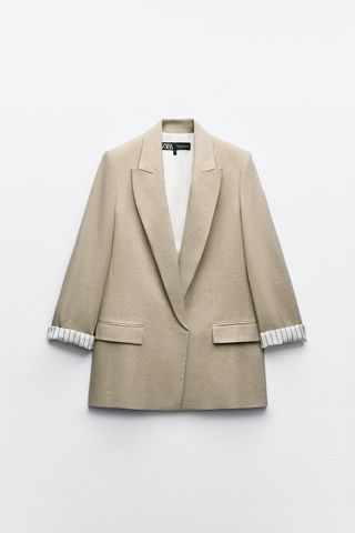 Linen Blend Roll Up Sleeve Open Front Blazer