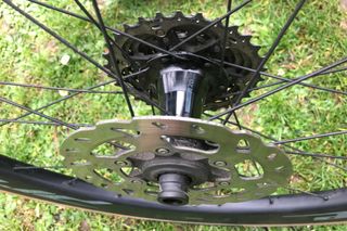 View of hub and disc rotor of the Prime Doyenne 56 carbon road wheels