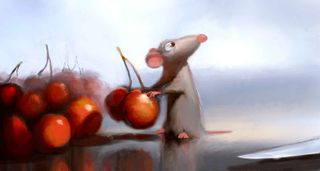 A digital painting of a mouse holding some cherries