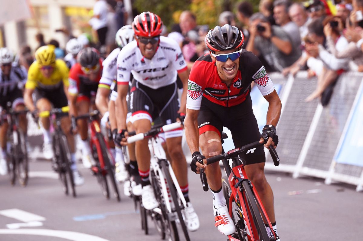 Richie Porte (BMC) riding away from Alberto Contador