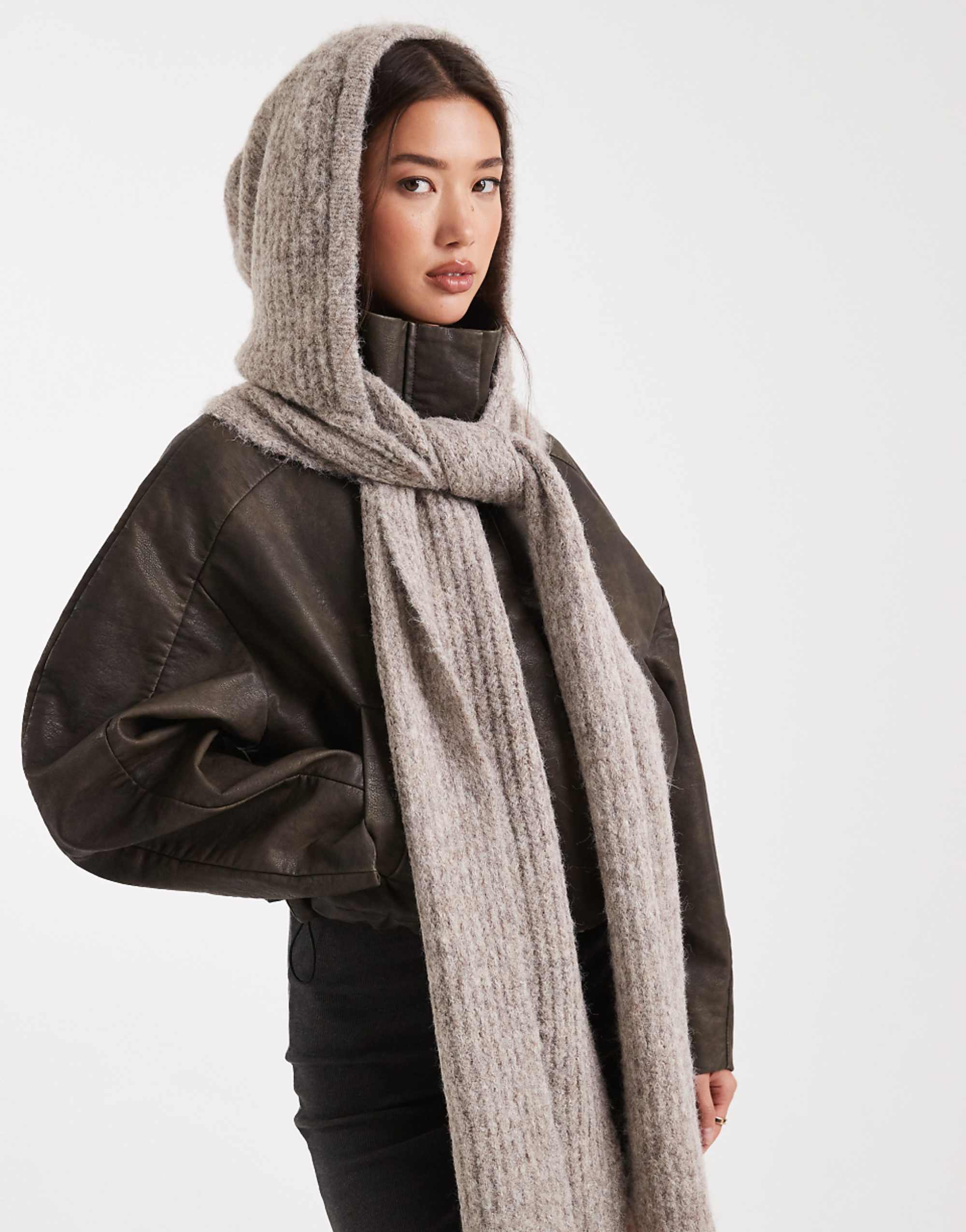 Object Super Soft Knit Hooded Scarf in Beige Melange