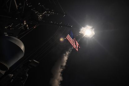 A Tomahawk missile launches in the Mediterranean Sea