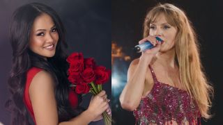 Jenn Tran in an ABC image for The Bachelorette Season 21 and Taylor Swift singing on The Eras Tour (Taylor's Version).