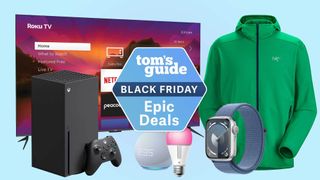 Roku TV, Xbox Series X, Echo Dot, Apple Watch, and Arc'teryx Fleece Hoody shown side by side