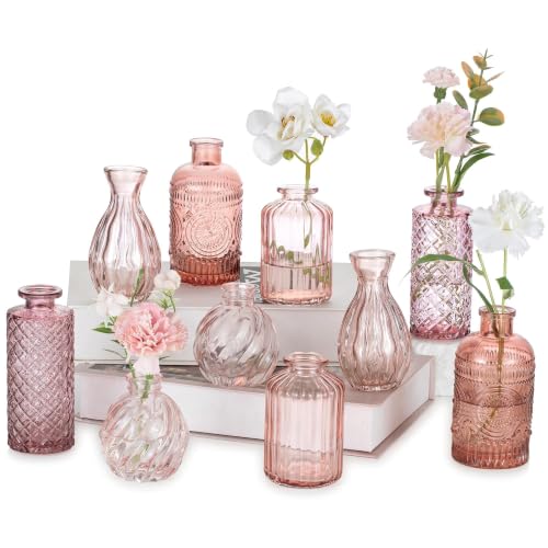 Glasseam Glass Bud Vases for Centerpieces, 10pcs Pink Small Flower Vase Set