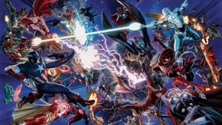 A huge number of Marvel heroes including Iron Man, Thor, Captain America, Spider-Man and more fight as the globe behind them crumbles
