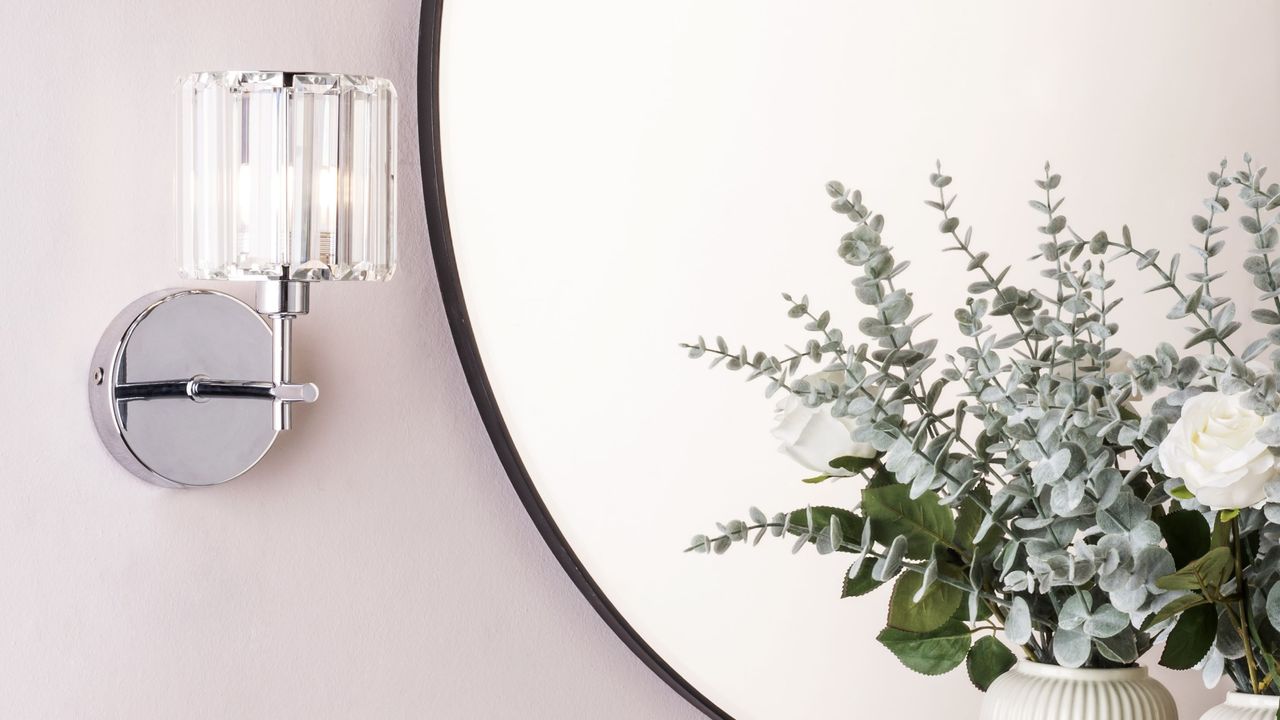 Round mirror with black frame with plant and wall light