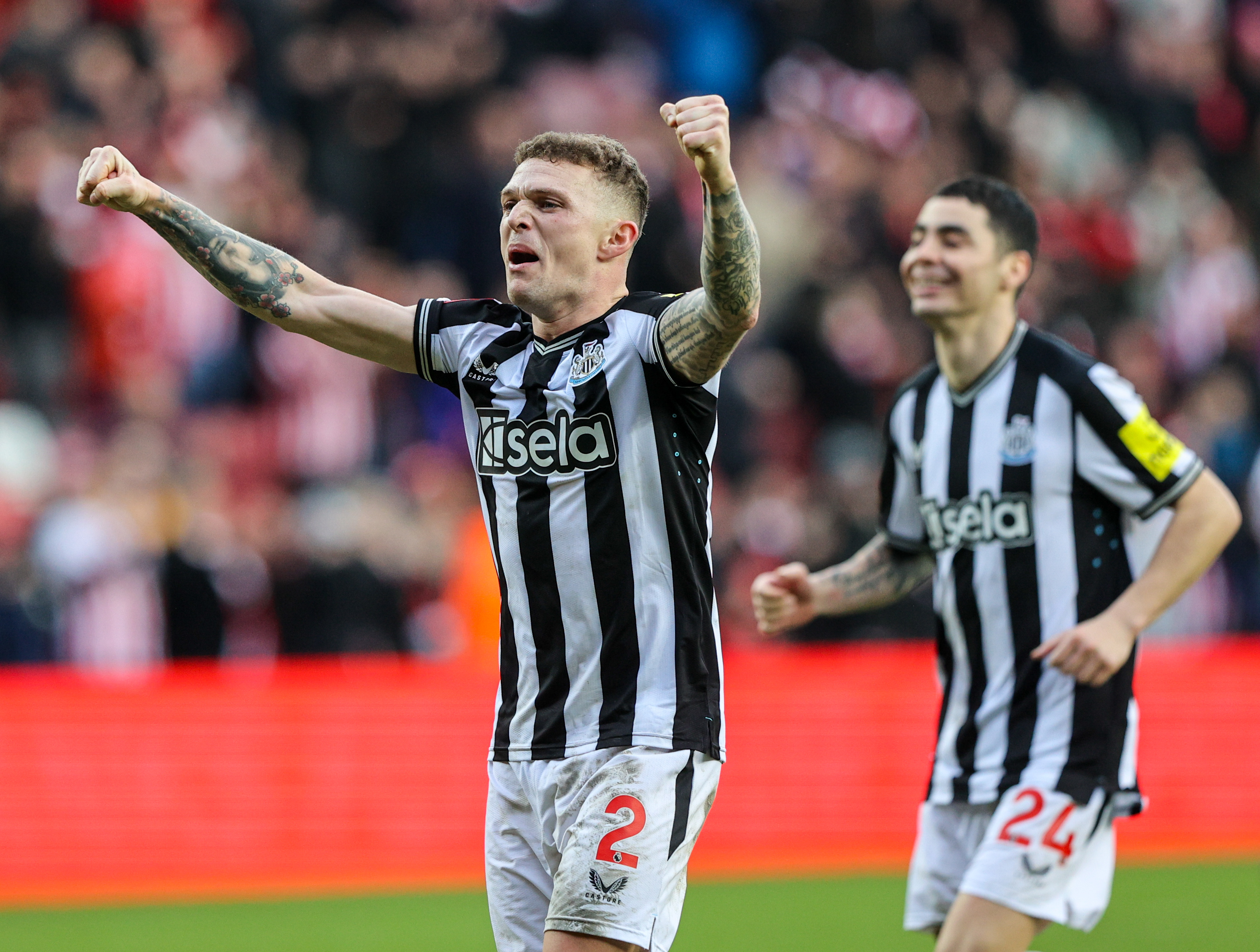 Kieran Trippier celebrates Newcastle's derby win over Sunderland in January 2024