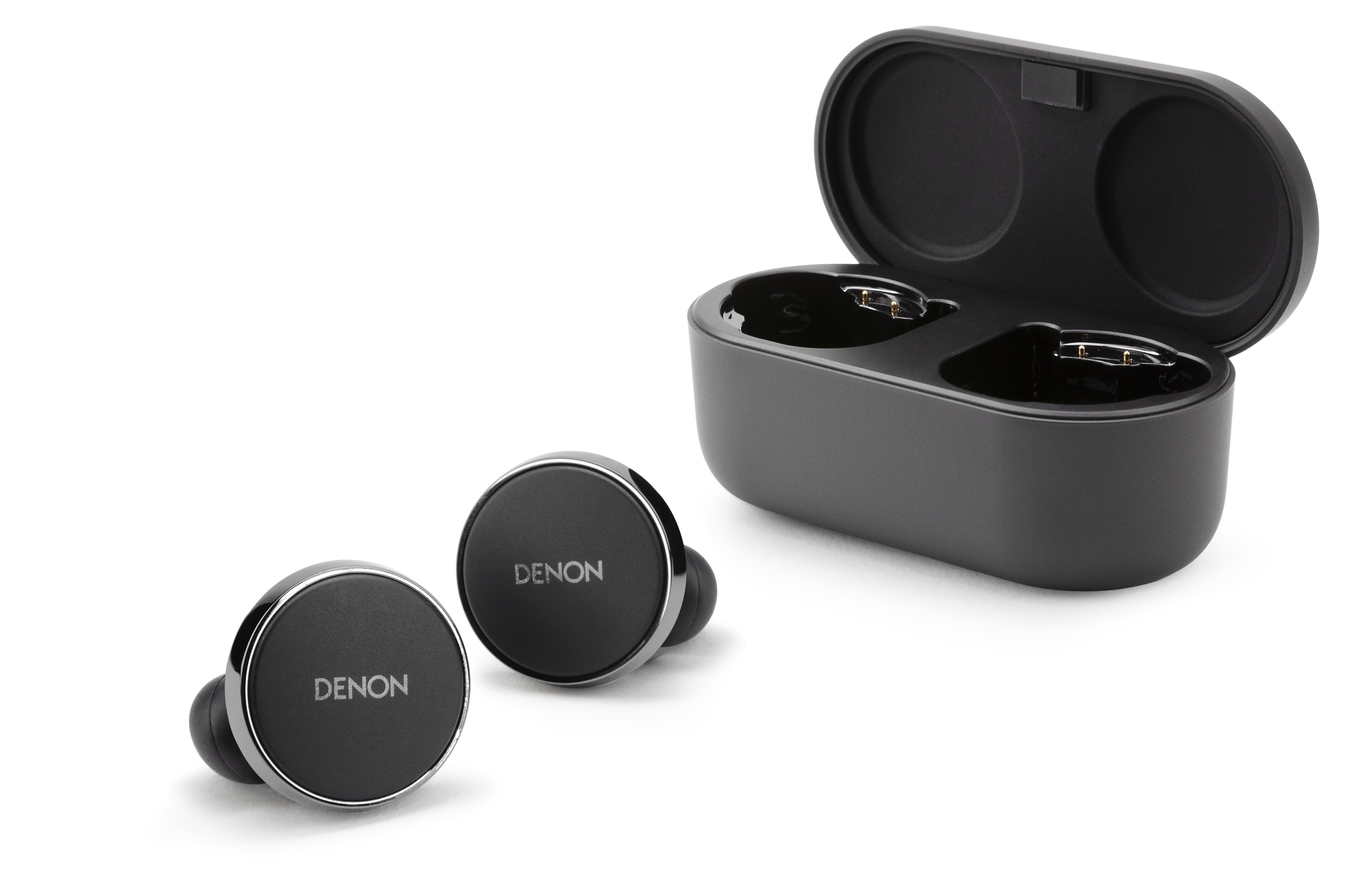 Denon PerL Pro earbuds and case on white background