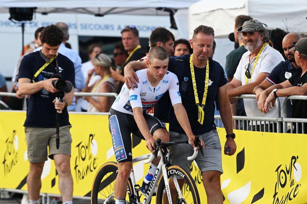 NICE FRANCE JULY 21 Remco Evenepoel of Belgium and Team Soudal QuickStep White Best Young Rider Jersey reacts after the 111th Tour de France 2024 Stage 21 a 337km individual time trial from Monaco to Nice UCIWT on July 21 2024 in Nice France Photo by Dario BelingheriGetty Images