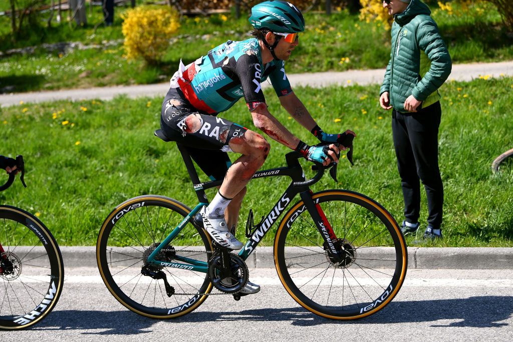 SAN MARTINO DI CASTROZZA ITALY APRIL 18 Ben Zwiehoff of Germany and Team Bora Hansgrohe injury after crash during the 45th Tour of the Alps 2022 Stage 1 a 1609km stage from Cles to PrimieroS Martino di Castrozza 708m TouroftheAlps on April 18 2022 in San Martino di Castrozza Italy Photo by Tim de WaeleGetty Images