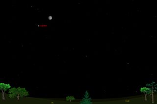 This sky map shows how Jupiter and the moon will appear in the night sky at 8 p.m. local time to observers in midnorthern latitudes on Nov. 8, 2011. 