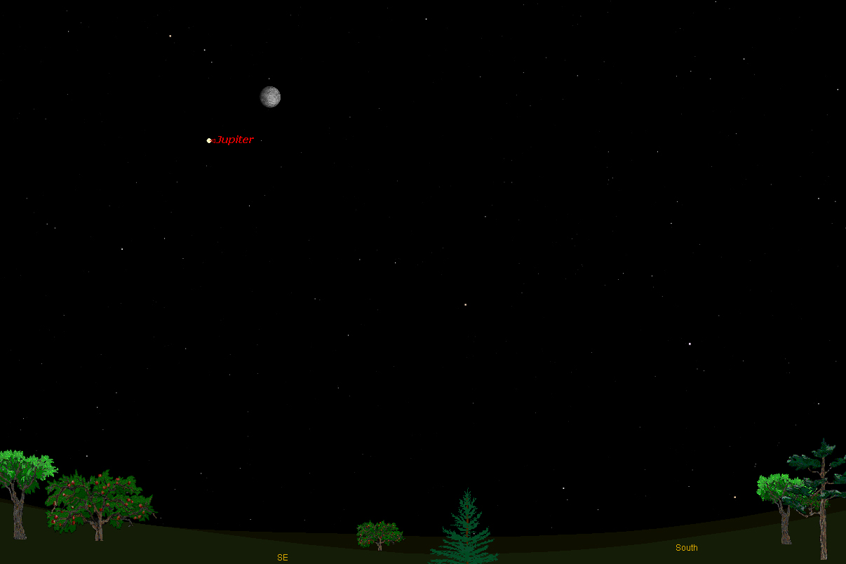 This sky map shows how Jupiter and the moon will appear in the night sky at 8 p.m. local time to observers in midnorthern latitudes on Nov. 8, 2011. 