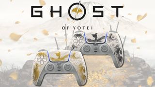 Two Ghost of Yotei DualSense controllers on top of Ghost of Yotei artwork