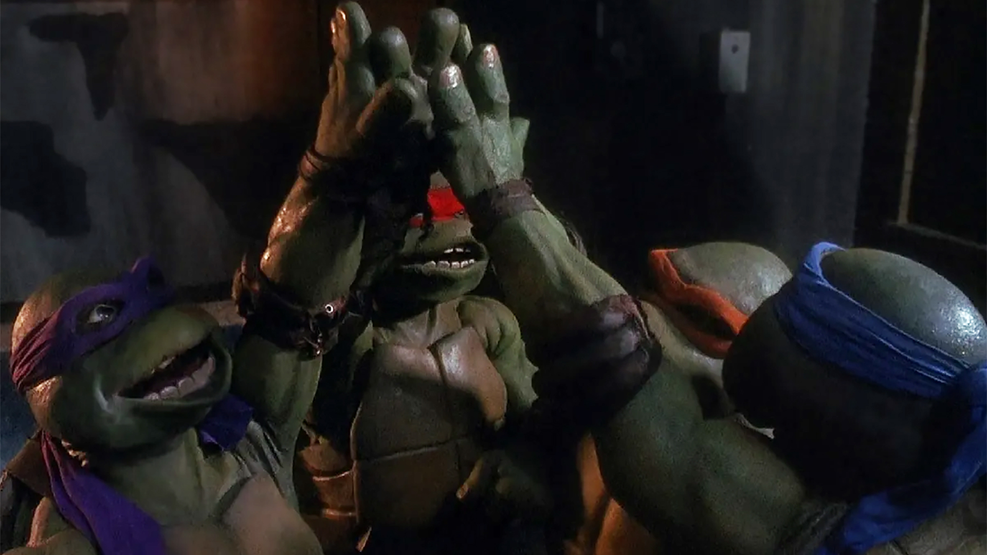 Leonardo, Raphael, Donatello, and Michelangelo all high-fiving