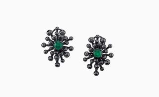 Twin clusters of black rhodium-plated gold beads set with nebulous cabochon-cut emeralds by Vram