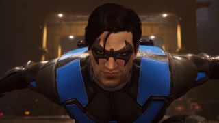 Gotham Knights - Nightwing goofily stares into the camera with soulful and confused eyes