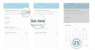 Toggle the automatic date and time slider off, tap on set date, and tap on a date.