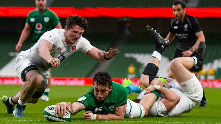  Jack Conan of Ireland dives over to score his side's second try during the Guinness Six Nations Rugby Championship match between Ireland and England