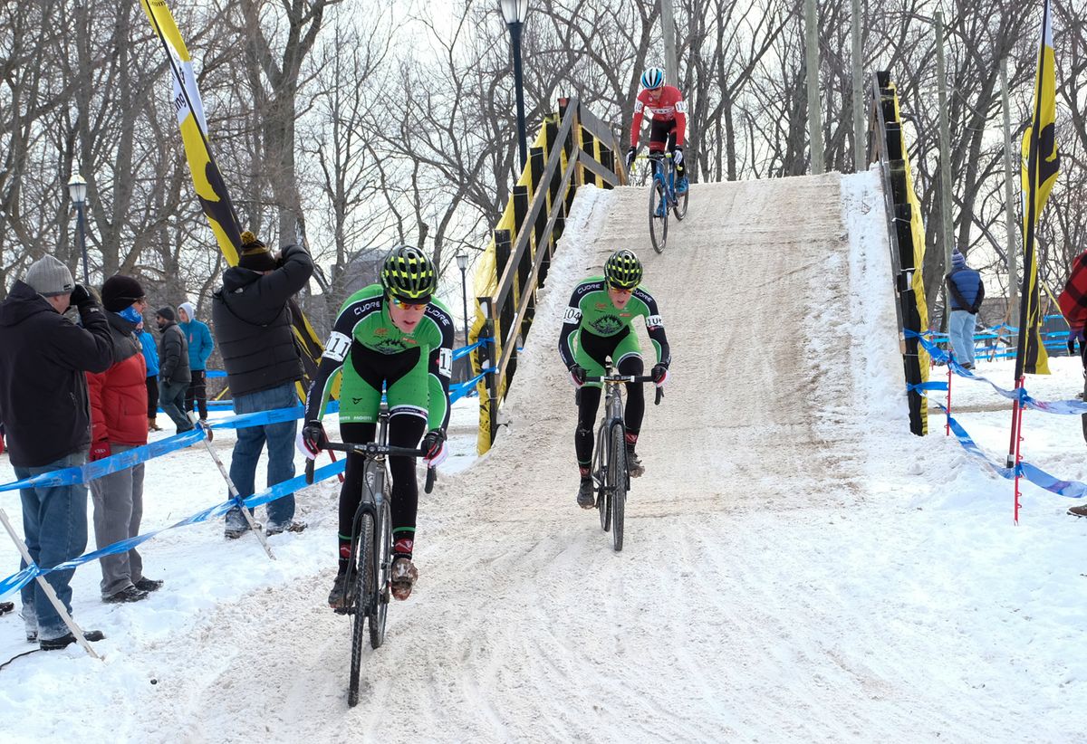 Brannan Fix (Alpha Bicycle) and teammate Gage Hecht not far ahead of Lance Haidet