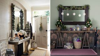 Compilation image of two hallways with mirrors decorated to show how to style a hallway for Christmas