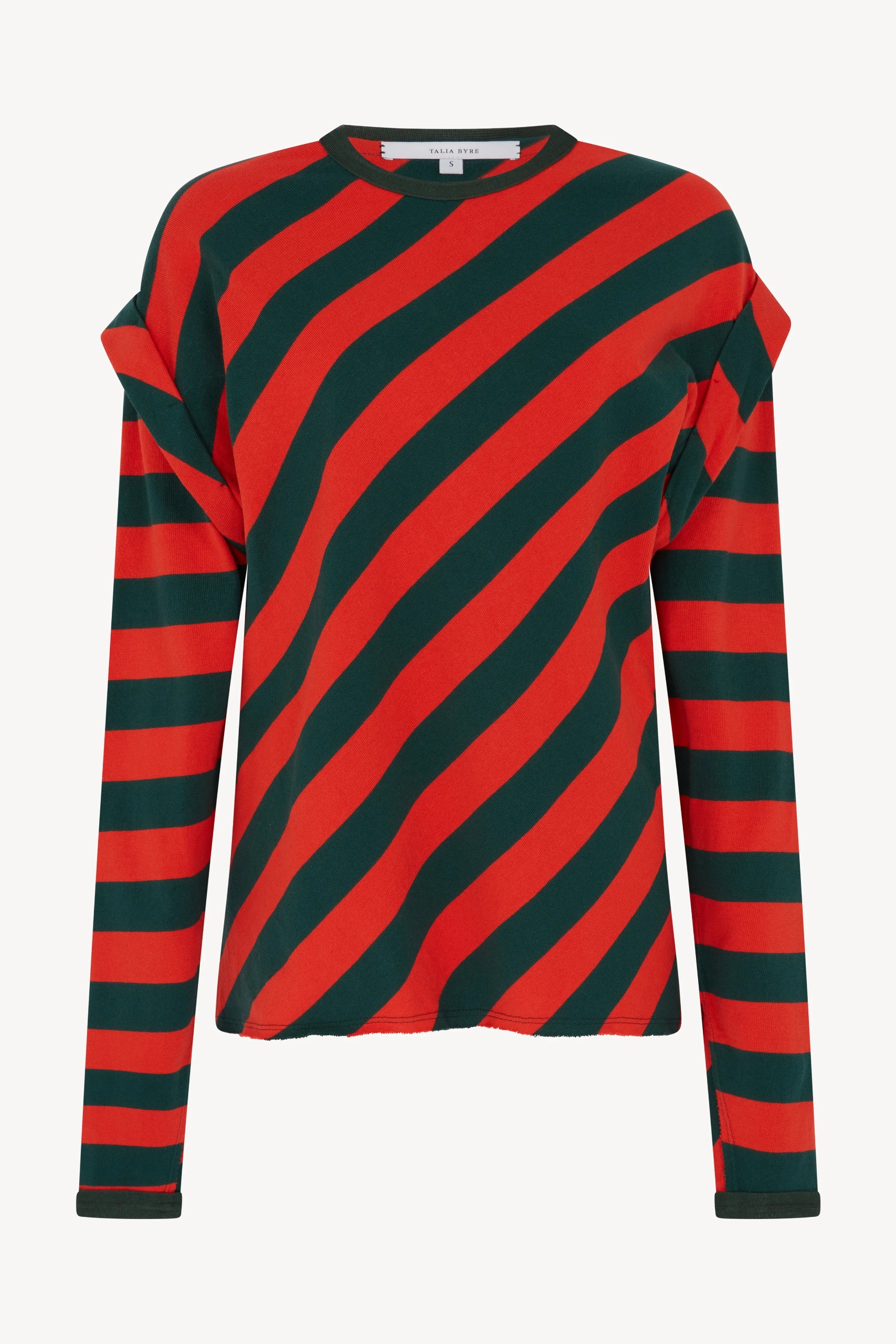taliabyre, Tomato Red and Green Striped Crew Neck T-Shirt