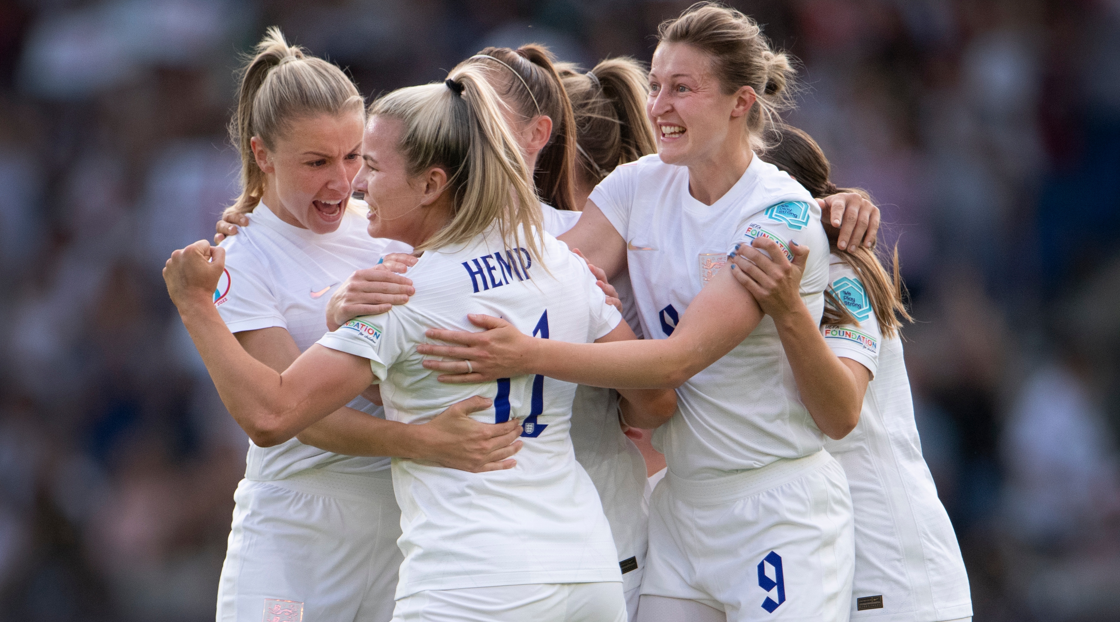 BRIGHTON, ENGLAND - JULY 11: Lauren Hemp of England celebrates her goal with Leah Williamson, Ellen White and team mates during the UEFA Women's Euro England 2022 group A match between England and Norway at Brighton & Hove Community Stadium on July 11, 2022 in Brighton, United Kingdom.