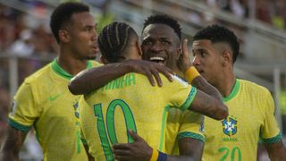 Brazilian national team players celebrate after scoring a goal during the 2026 FIFA World Cup qualifiers ahead of the Brazil vs Uruguay live stream 