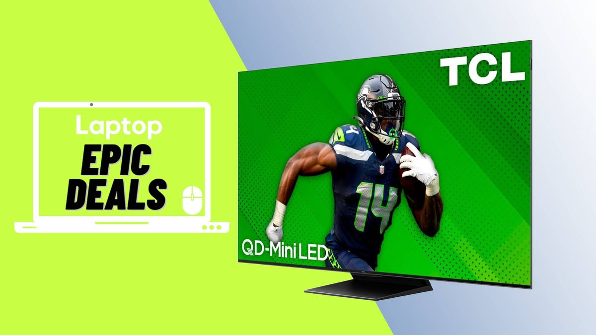 TCL QM7 TV against green and blue background