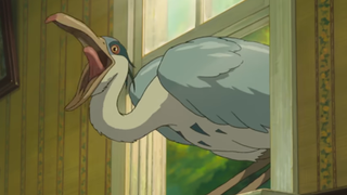 A bird cawing in The Boy and the Heron.