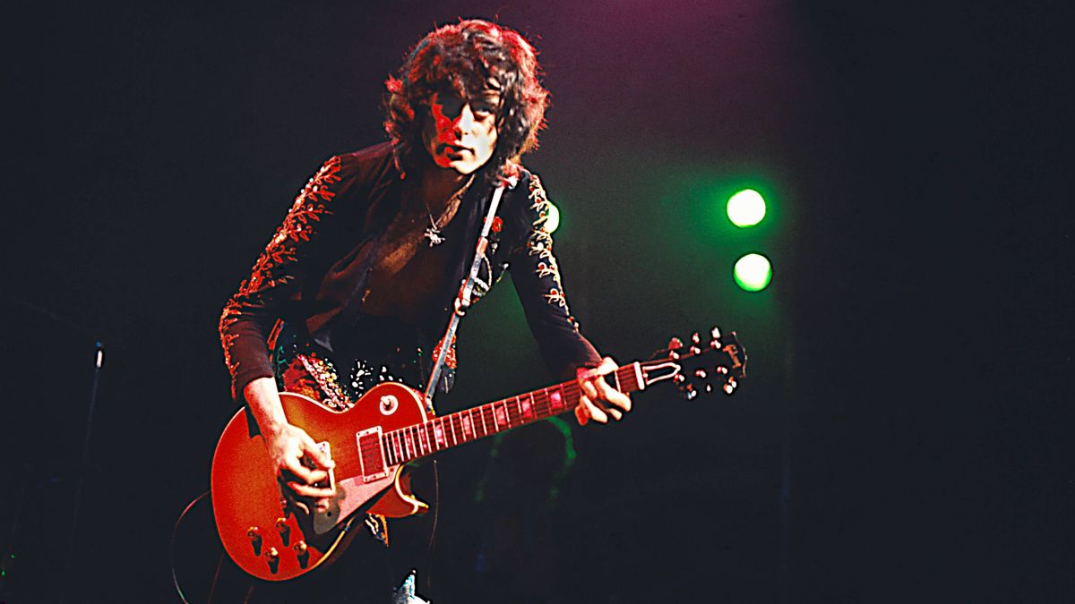 Jimmy Page performs live on stage playing a Gibson Les Paul guitar during a concert by English rock band Led Zeppelin on the third of three nights at Madison Square Garden, New York City on 29th July 1973. The concert movie &#039;The Song Remains the Same&#039; was filmed over the three nights from 27th to 29th July at the venue. 