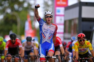 WAVRE BELGIUM AUGUST 17 Arrival Arnaud Demare of France and Team Groupama FDJ Celebration Caleb Ewan of Australia and Team Lotto Soudal Yellow Leader Jersey during the 41st Tour de Wallonie 2020 Stage 2 a 1723km stage from Frasnes Lez Anvaing to Wavre TourdeWallonie TRW2020 on August 17 2020 in Wavre Belgium Photo by Luc ClaessenGetty Images