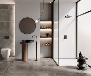 bathroom with tiled floor, walk in shower and designer sink