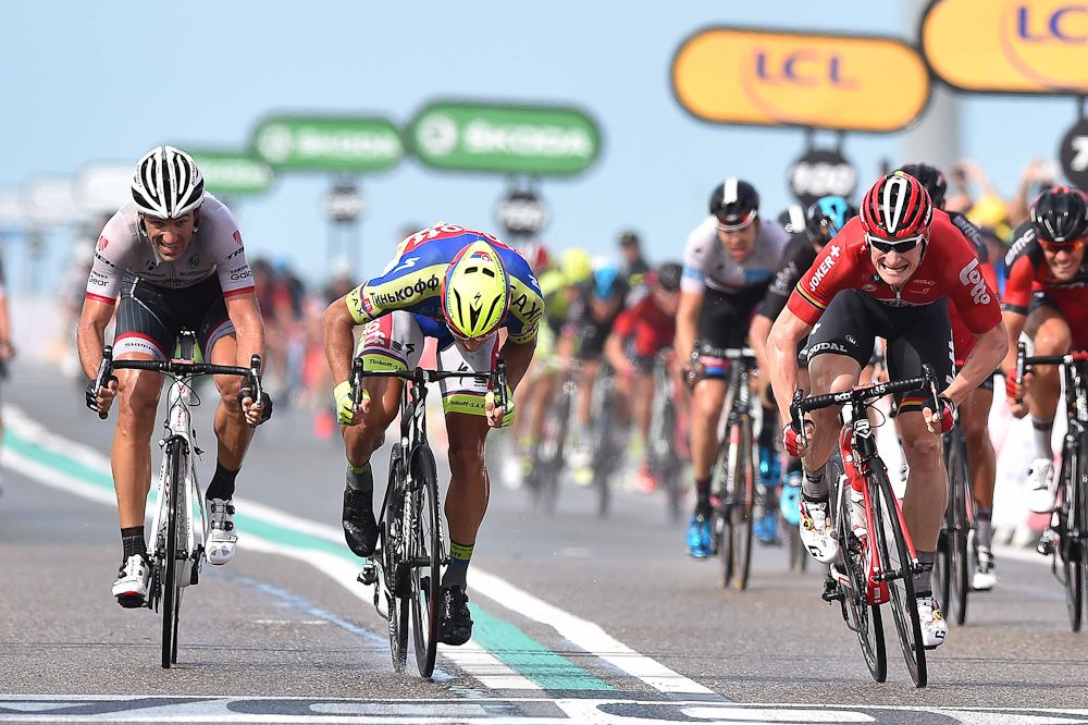 Andre Greipel powers to the finish line of stage 2.