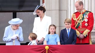 Queen Elizabeth II on the balcony of Buckingham Palace during Trooping the Colour with the Prince and Princess of Wales, Prince George, Princess Charlotte and Prince Louis
