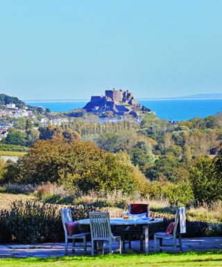 view of the sea and Mont Orgueil Castle in Jersey