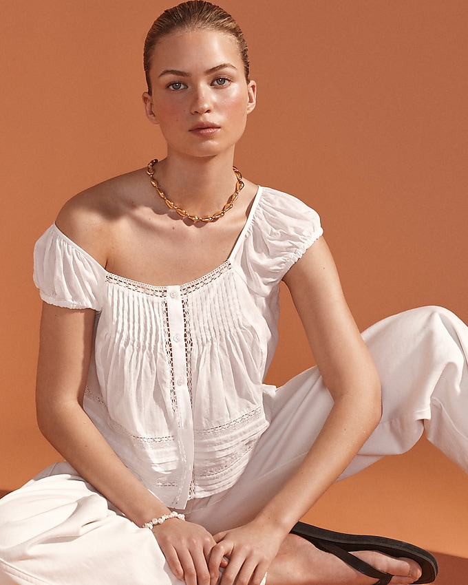 Cap-Sleeve Lace-Trim Top in Cotton Voile