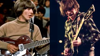LEFT: George Harrison (playing a Gretsch 6119 Tennessean guitar with Bigsby vibrato) of English rock and pop group The Beatles performs on stage during rehearsals for the ABC Television music television show 'Thank Your Lucky Stars' at Alpha Television Studios in Aston, Birmingham on 28th March 1965. The band would go on to play three songs on the show, Eight Days A Week, Yes It Is and Ticket To Ride. RIGHT: NEW YORK - 1970: John Fogerty and Creedence Clearwater Revival perform at a 1970 concert in New York, New York.