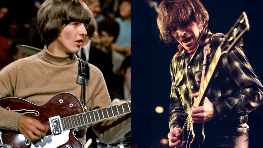 LEFT: George Harrison (playing a Gretsch 6119 Tennessean guitar with Bigsby vibrato) of English rock and pop group The Beatles performs on stage during rehearsals for the ABC Television music television show &#039;Thank Your Lucky Stars&#039; at Alpha Television Studios in Aston, Birmingham on 28th March 1965. The band would go on to play three songs on the show, Eight Days A Week, Yes It Is and Ticket To Ride. RIGHT: NEW YORK - 1970: John Fogerty and Creedence Clearwater Revival perform at a 1970 concert in New York, New York. 