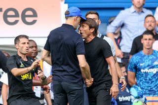 Antonio Conte of Tottenham Hotspur and Thomas Tuchel of Chelsea had to be pulled apart at the end of their sides 2-2 draw and both received red cards from Referee Anthony Taylor during the Premier League match between Chelsea FC and Tottenham Hotspur at Stamford Bridge on August 14, 2022 in London, England.