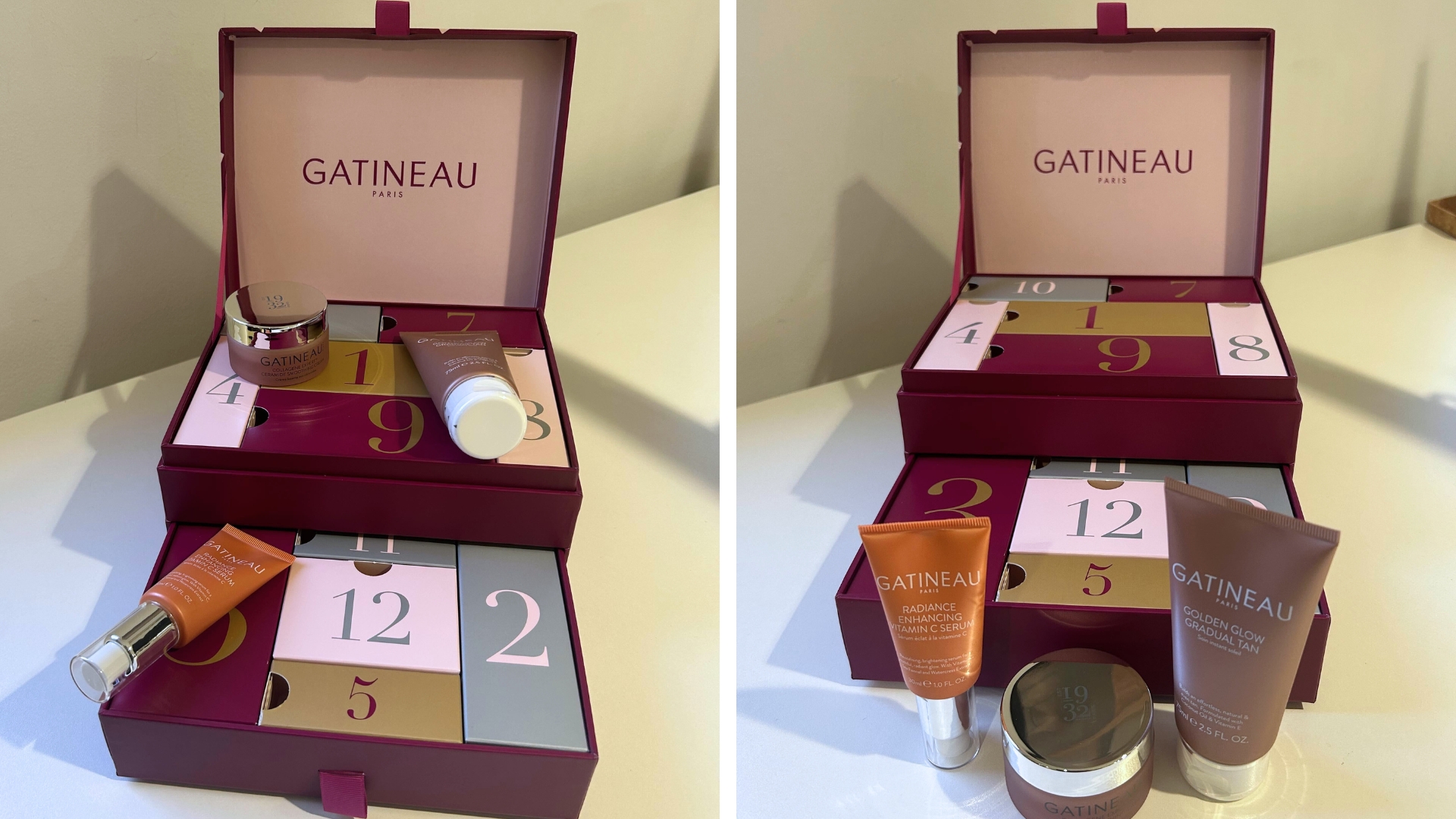 On the left, the Gatineau 12 Days of Christmas Advent Calendar open with the contents stacked on top and on the right, the Gatineau 12 Days of Christmas Advent Calendar with three of the contents stood in front