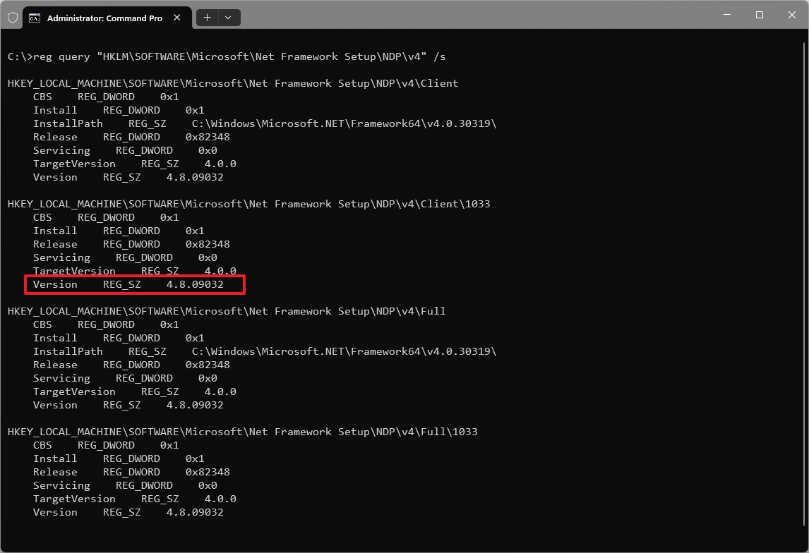Command Prompt check dotnet version command