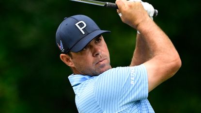 Gary Woodland takes a shot at the Wyndham Championship at Sedgefield Country Club