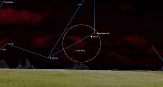 In an orange circle in a dark starry sky with red clouds, a crecent labeled moon and venus shine.Blue lines from a triangle intersecting the circle, tracing a constellation.