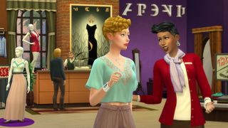 Sims 4-cheats - To sims snakker om mode i en tøjbutik