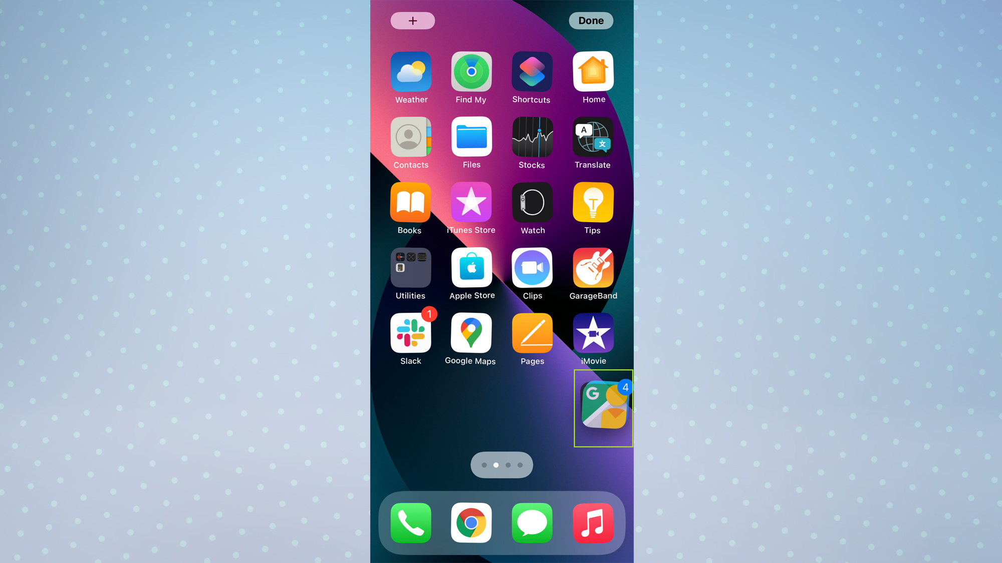 Главный экран iOS с несколькими выделенными приложениями