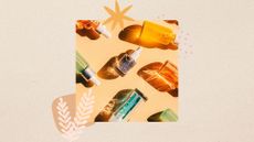 A flatlay of skincare serum bottles with stars, dots and leaf clip art around it