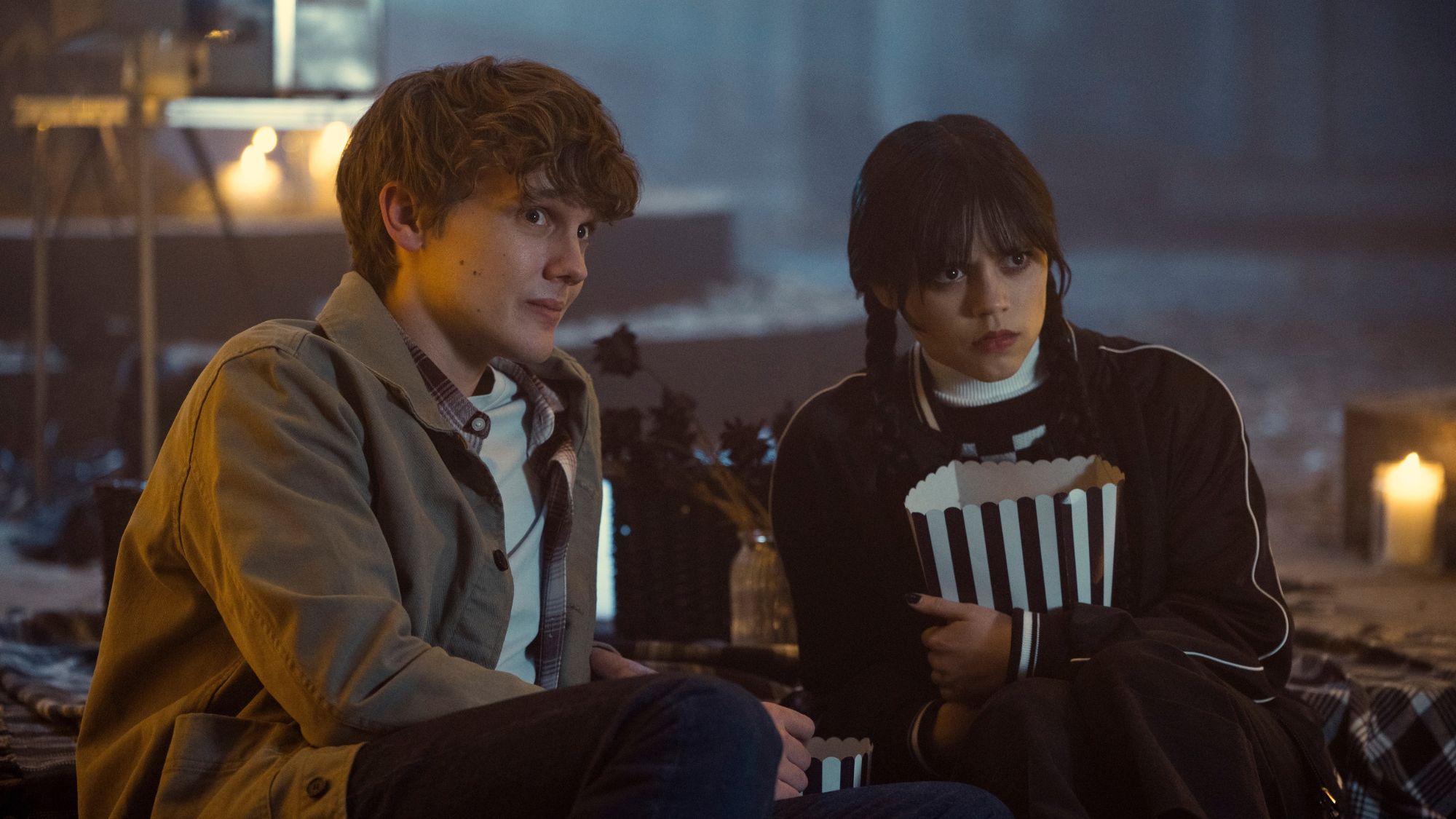 Hunter Doohan and Jenna Ortega in Wednesday.