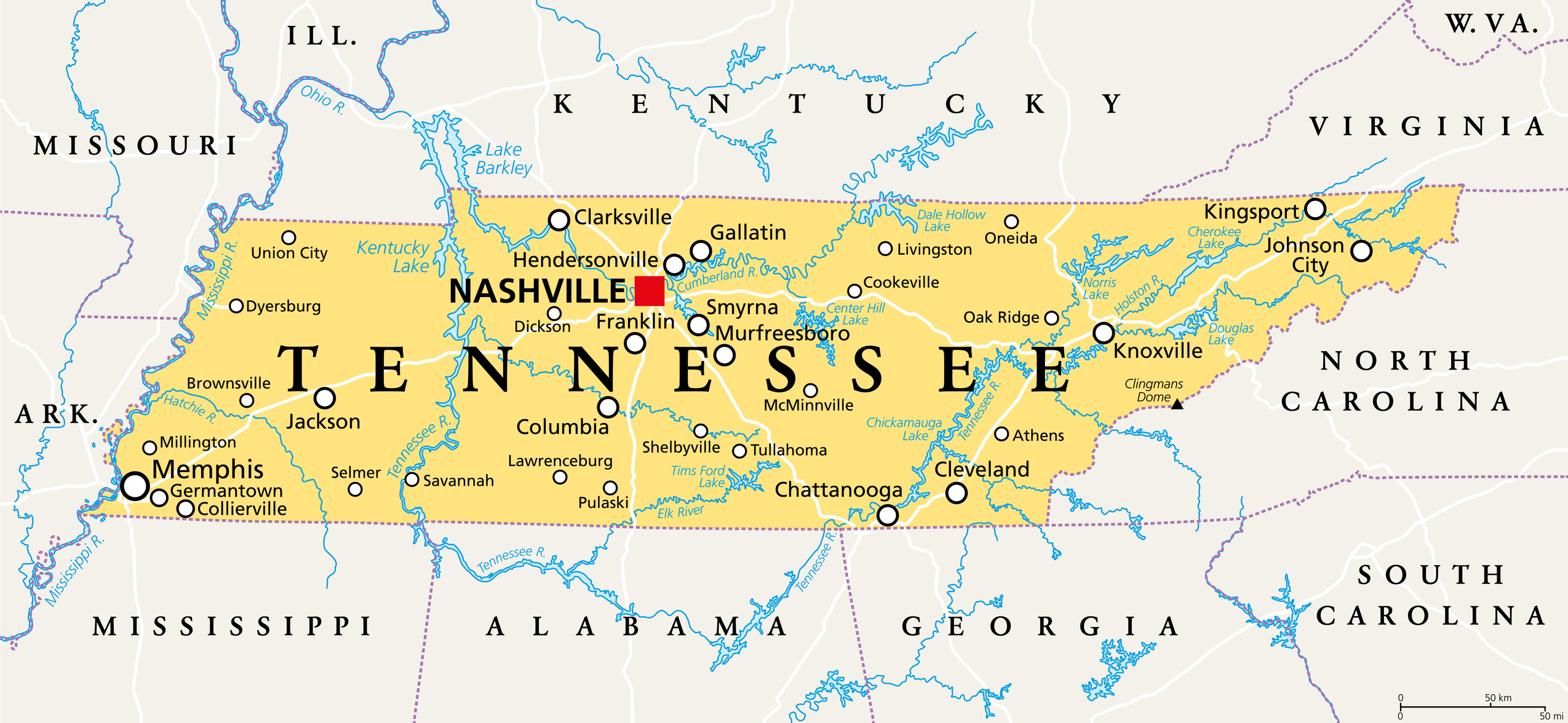 Tennessee, TN, political map, with capital Nashville, largest cities, lakes and rivers. State of Tennessee. Landlocked state in Southeastern region of the United States, nicknamed The Volunteer State.