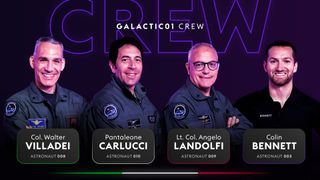 Portrait images of the crew of Virgin Galactic's first commercial spaceflight mission, Galactic 01; from left to right, Col. Walter Villadei, Pantaleone Carlucci, Lt. Col. Angelo Landolfi, and Colin Bennet